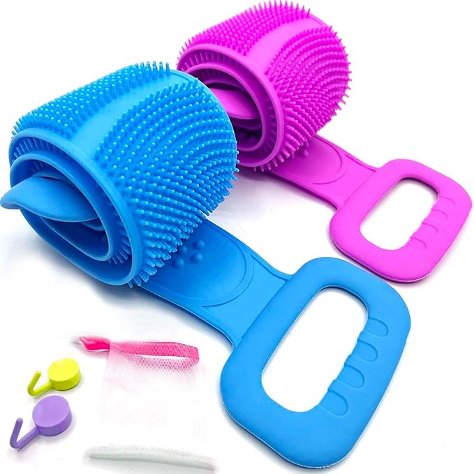 Silicone Back Scrubber Bath Belt – Pack of 2 | Double-Sided Exfoliating & Massage Shower Brush | Body Wash Exfoliator for Men & Women – Waterproof, Hygienic Design