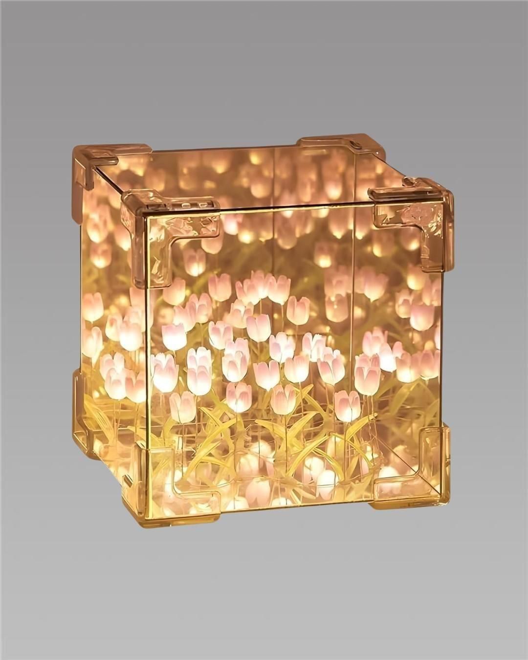 Wishpitara Tulip Cube Mirror Lamp – 20 LED Flower Light | 2-in-1 Mirror & Table Ornament | Elegant Bedroom & Living Room Decor | Ideal Birthday Gift