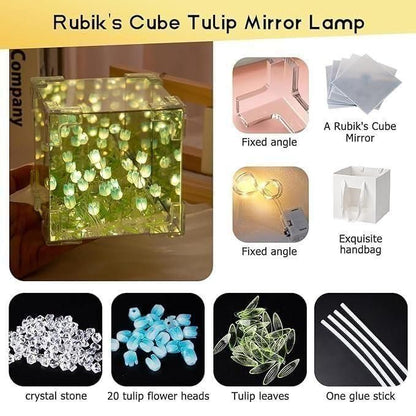 Wishpitara Tulip Cube Mirror Lamp – 20 LED Flower Light | 2-in-1 Mirror & Table Ornament | Elegant Bedroom & Living Room Decor | Ideal Birthday Gift