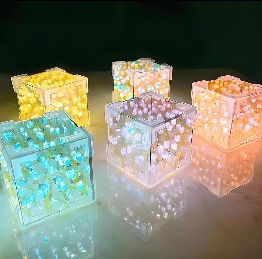 Wishpitara Tulip Cube Mirror Lamp – 20 LED Flower Light | 2-in-1 Mirror & Table Ornament | Elegant Bedroom & Living Room Decor | Ideal Birthday Gift