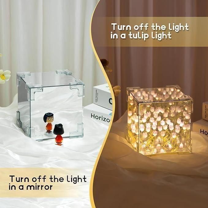 Wishpitara Tulip Cube Mirror Lamp – 20 LED Flower Light | 2-in-1 Mirror & Table Ornament | Elegant Bedroom & Living Room Decor | Ideal Birthday Gift