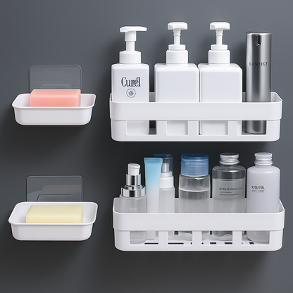 Combo of 4 Pcs Wall-Mounted Bathroom & Kitchen Shelves (2 Soap Shelves + 2 Storage Racks) – Plastic Adhesive Organizer Set