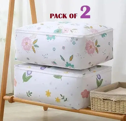 AppliKart 2pcs Waterproof Foldable Printed Storage Bags for Blankets &amp; Clothes – Multicolor (Pack of 2)