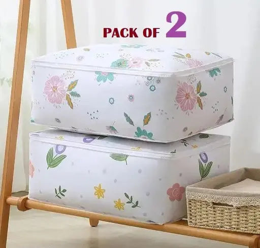 AppliKart 2pcs Waterproof Foldable Printed Storage Bags for Blankets &amp; Clothes – Multicolor (Pack of 2)
