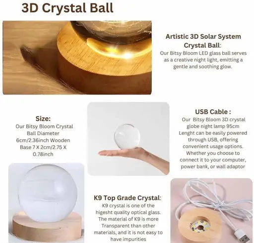 Glass Lamp 3D Ball Astronomy Night Lamp with Wooden Base – Moon Light Planet Theme