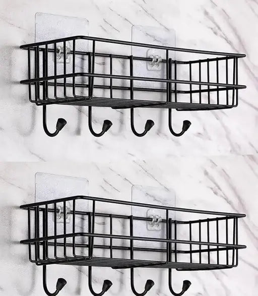 Bathroom Rack – Self Adhesive Metal Shower Caddy with Hooks (Pack of 2) | Multi-Purpose Bathroom & Kitchen Shelf