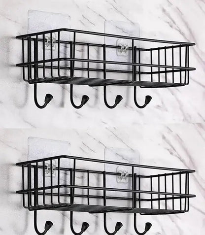 Bathroom Rack – Self Adhesive Metal Shower Caddy with Hooks (Pack of 2) | Multi-Purpose Bathroom & Kitchen Shelf