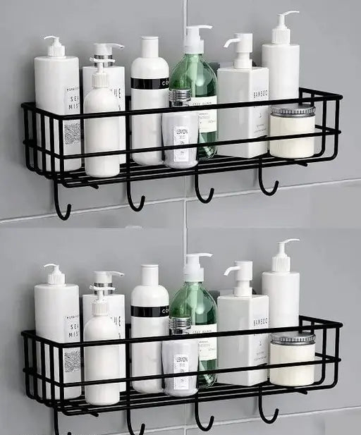 Bathroom Rack – Self Adhesive Metal Shower Caddy with Hooks (Pack of 2) | Multi-Purpose Bathroom & Kitchen Shelf