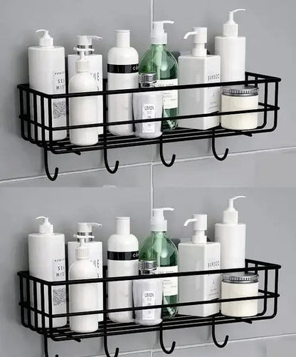 Bathroom Rack – Self Adhesive Metal Shower Caddy with Hooks (Pack of 2) | Multi-Purpose Bathroom & Kitchen Shelf